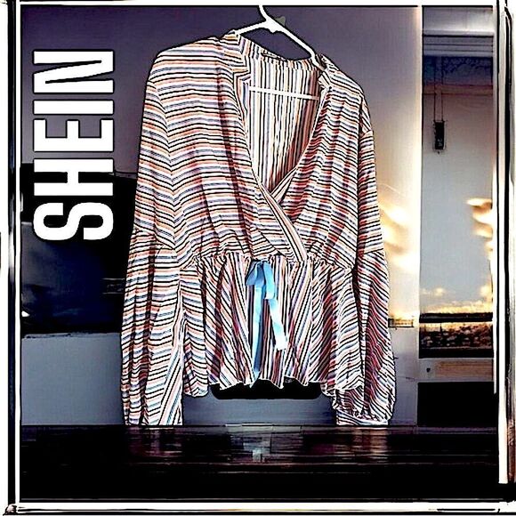 SHEIN l Long Sleeve Pinstriped Blouse l Plunging Neckline l 3X l EUC - Picture 1 of 11